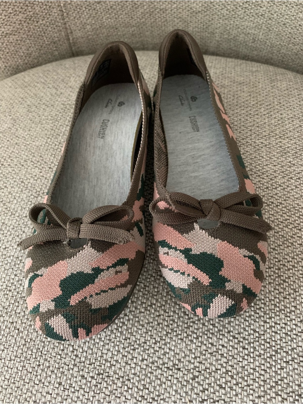 Clarks Knit Ballet Flats in Pink and Olive Camouflage